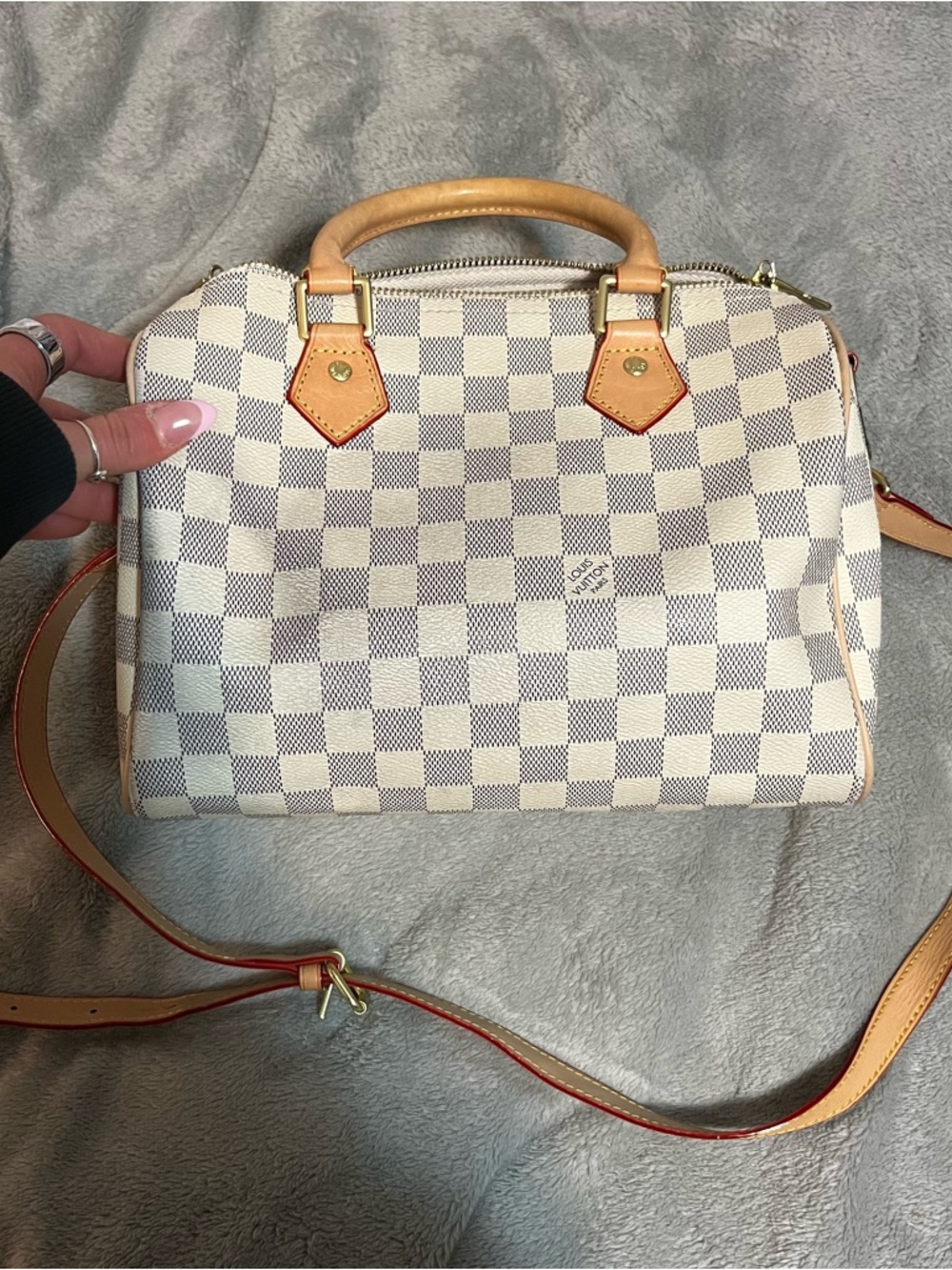 Designer-Inspired Checkered Satchel Bag in Cream and Tan
